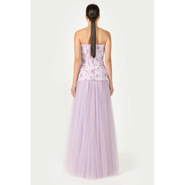 Costarellos Gisella Petal Lurex Satin Tulle Strapless Dress in Mauve | Evening Gowns | Coveti