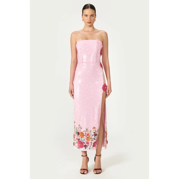 Costarellos Harlee Sequined Strapless Dress in Pink | Midi Dresses | Coveti