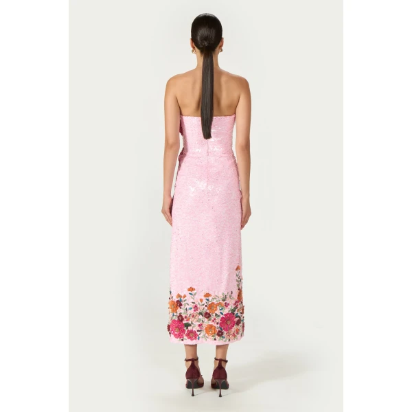 Costarellos Harlee Sequined Strapless Dress in Pink | Midi Dresses | Coveti