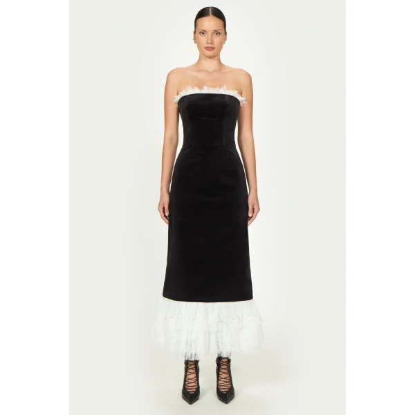 Costarellos Isabetta Cotton Velvet Strapless Dress in Black | Midi Dresses | Coveti