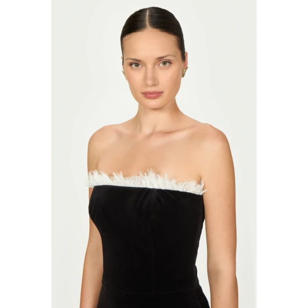 Costarellos Isabetta Cotton Velvet Strapless Dress in Black | Midi Dresses | Coveti