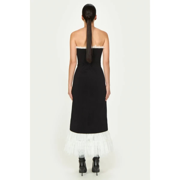 Costarellos Isabetta Cotton Velvet Strapless Dress in Black | Midi Dresses | Coveti