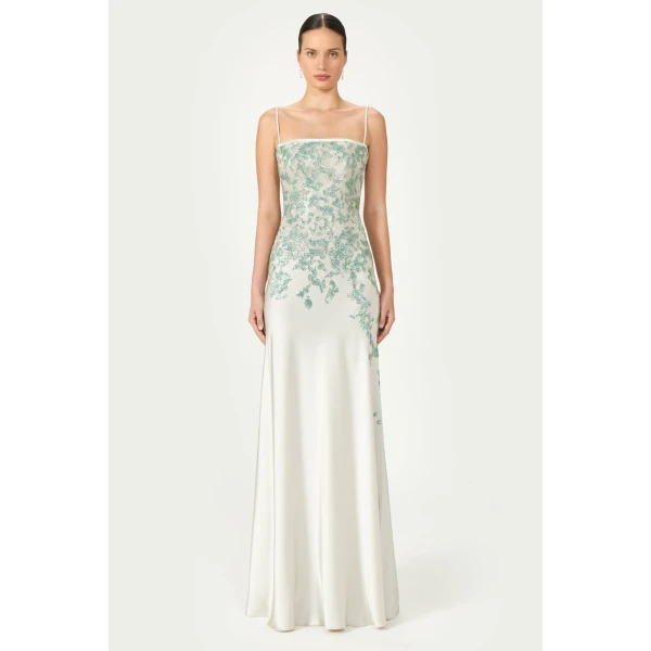 Costarellos Jennan Sequined Lace Satin Gown in Grey and Green | Evening Gowns | Coveti