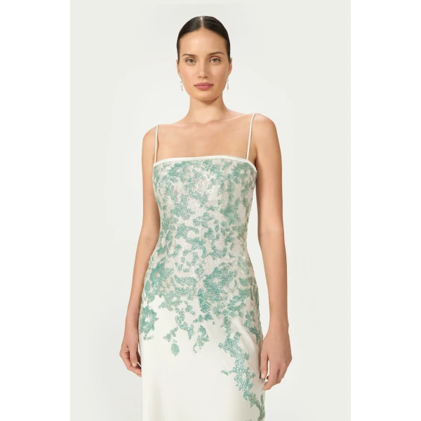 Costarellos Jennan Sequined Lace Satin Gown in Grey and Green | Evening Gowns | Coveti