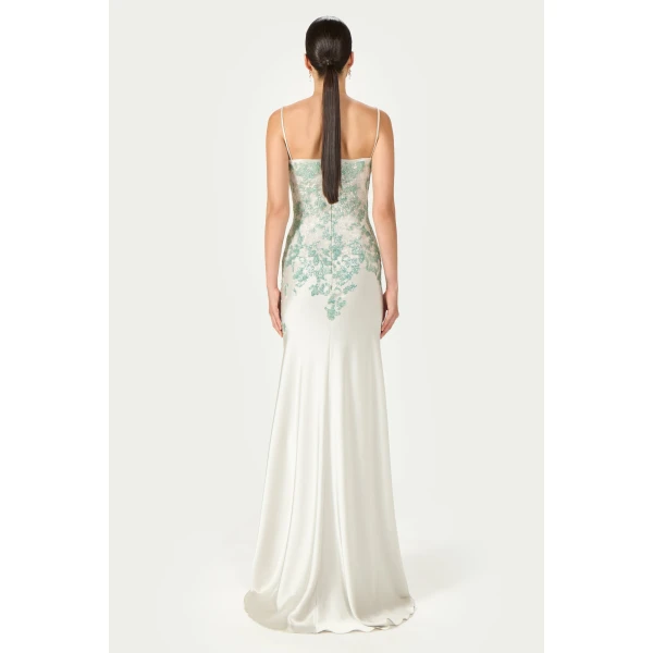 Costarellos Jennan Sequined Lace Satin Gown in Grey and Green | Evening Gowns | Coveti
