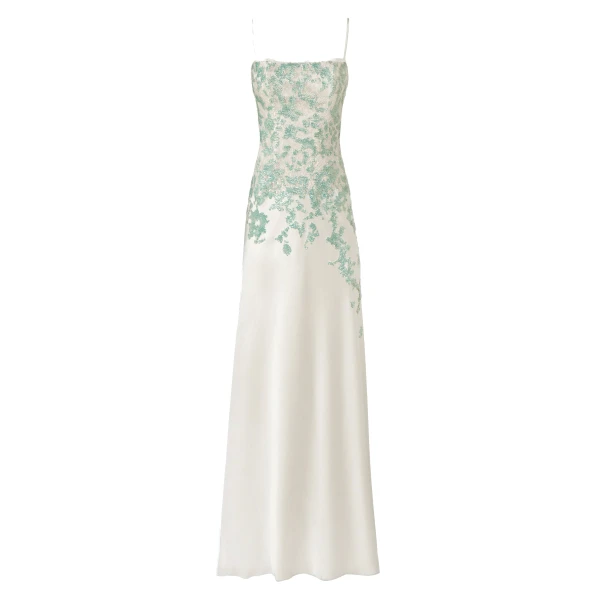 Costarellos Jennan Sequined Lace Satin Gown in Grey and Green | Coveti