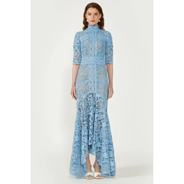 Costarellos Kalissa Guipure Lace Dress in Pearl Blue | Evening Gowns | Coveti