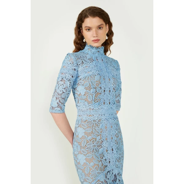 Costarellos Kalissa Guipure Lace Dress in Pearl Blue | Evening Gowns | Coveti