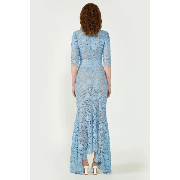 Costarellos Kalissa Guipure Lace Dress in Pearl Blue | Evening Gowns | Coveti