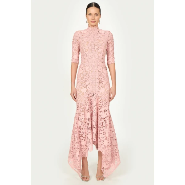 Costarellos Kalissa Guipure Lace Dress in Vintage Rose | Evening Gowns | Coveti