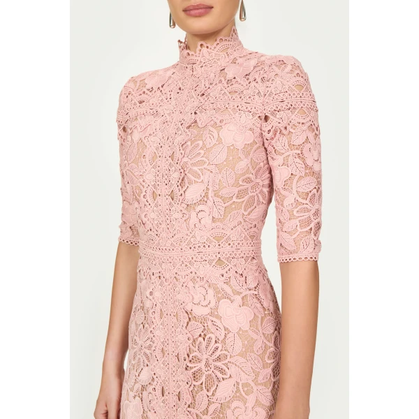Costarellos Kalissa Guipure Lace Dress in Vintage Rose | Evening Gowns | Coveti