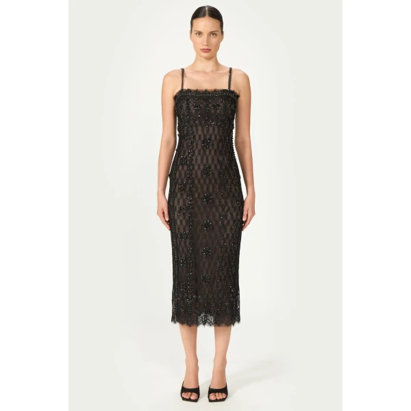 Costarellos Leona Beaded French Lace Cami Midi Dress in Black | Midi Dresses | Coveti