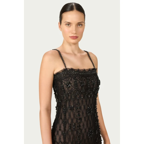 Costarellos Leona Beaded French Lace Cami Midi Dress in Black | Midi Dresses | Coveti