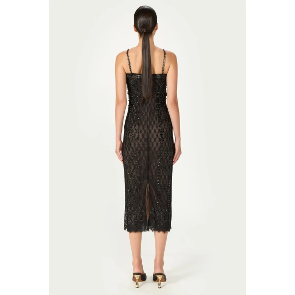 Costarellos Leona Beaded French Lace Cami Midi Dress in Black | Midi Dresses | Coveti