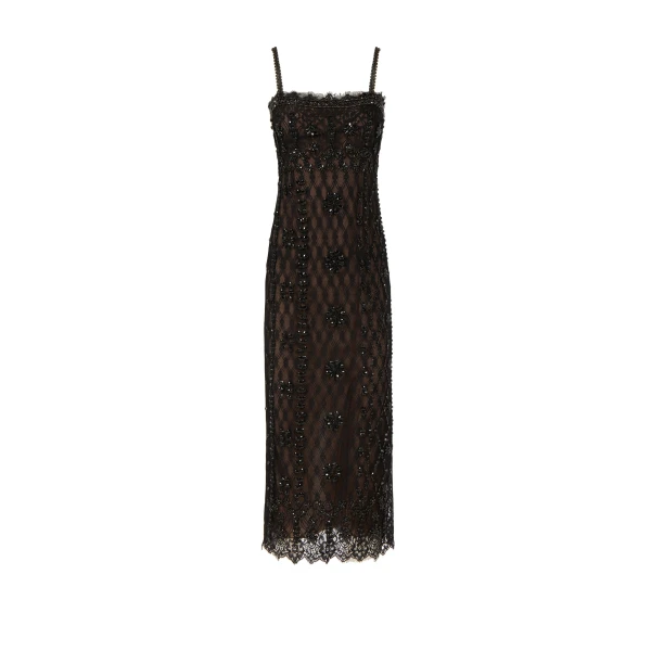 Costarellos Leona Beaded French Lace Cami Midi Dress in Black | Coveti