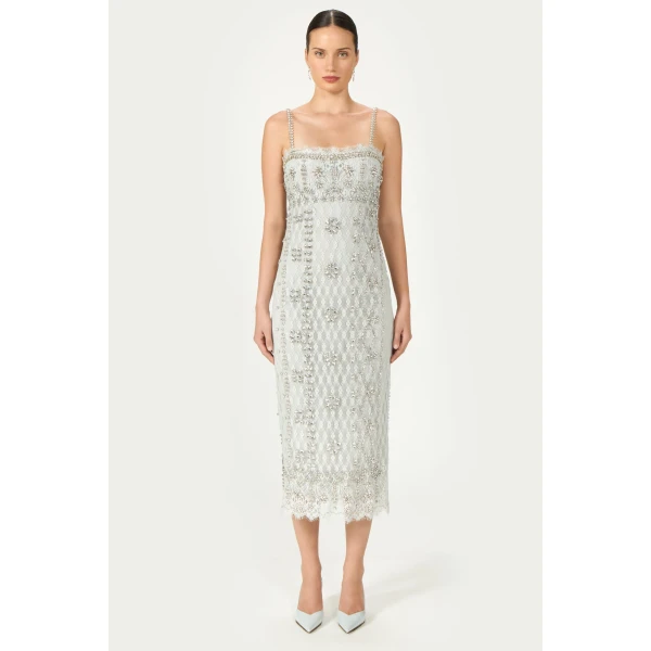 Costarellos Leona Beaded French Lace Cami Midi Dress in Grey | Midi Dresses | Coveti