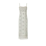 Costarellos Leona Beaded French Lace Cami Midi Dress in Grey | Coveti