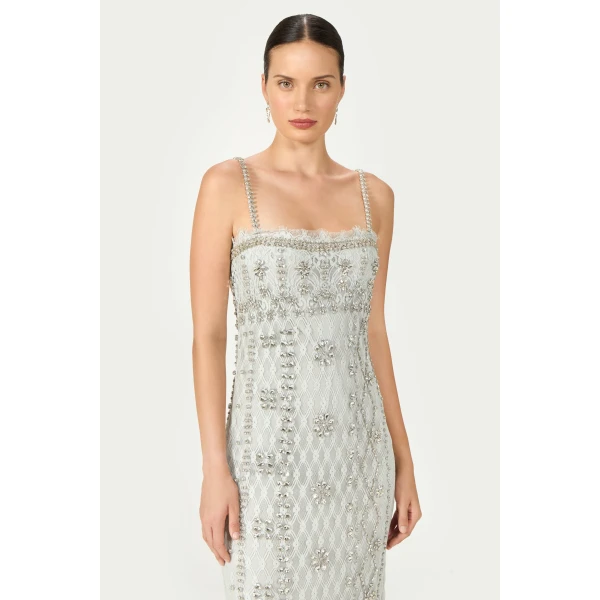 Costarellos Leona Beaded French Lace Cami Midi Dress in Grey | Midi Dresses | Coveti