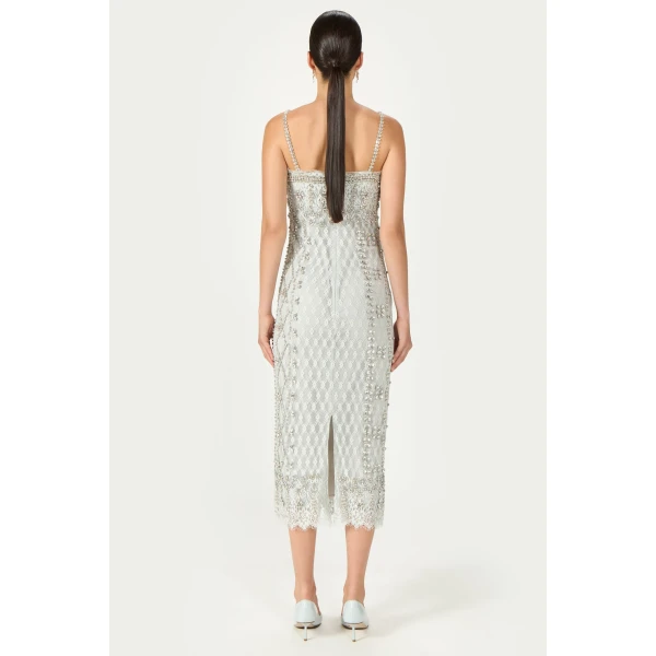 Costarellos Leona Beaded French Lace Cami Midi Dress in Grey | Midi Dresses | Coveti