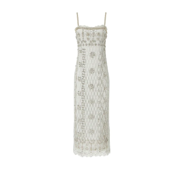 Costarellos Leona Beaded French Lace Cami Midi Dress in Grey | Coveti
