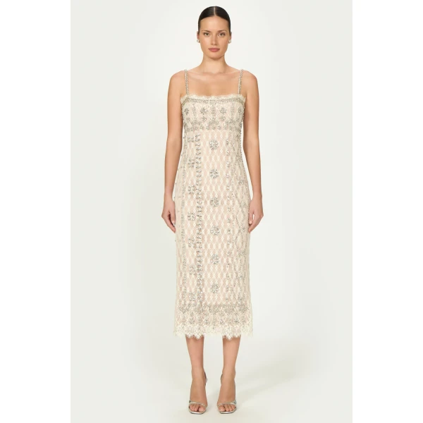 Costarellos Leona Beaded French Lace Cami Midi Dress in Off White | Midi Dresses | Coveti