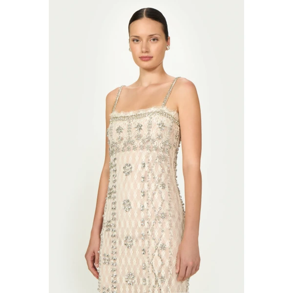 Costarellos Leona Beaded French Lace Cami Midi Dress in Off White | Midi Dresses | Coveti