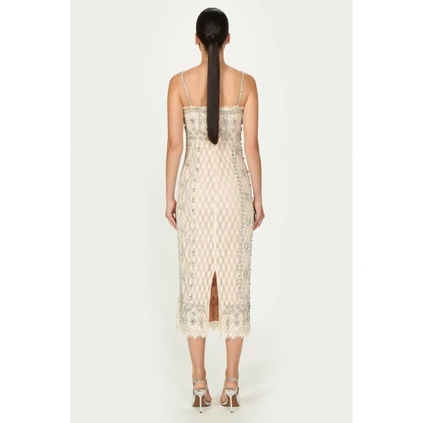 Costarellos Leona Beaded French Lace Cami Midi Dress in Off White | Midi Dresses | Coveti