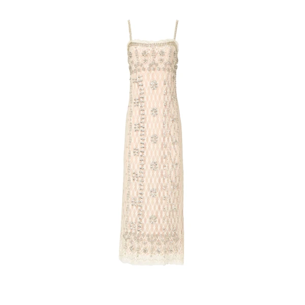 Leona Beaded French Lace Cami Midi Dress in Off White
