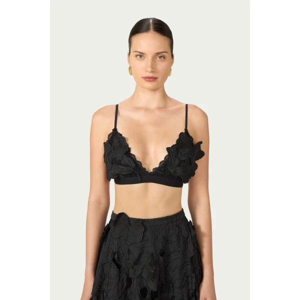 Costarellos Lex Floral-Cut Satin Bralette in Black | Cropped Top | Coveti