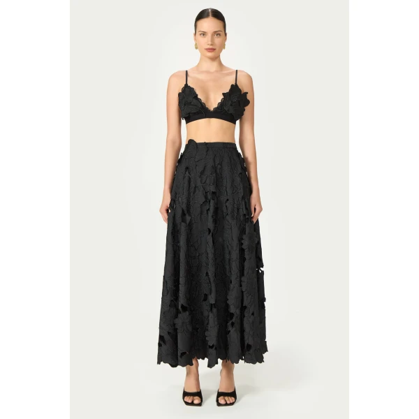 Costarellos Lex Floral-Cut Satin Bralette in Black | Cropped Top | Coveti