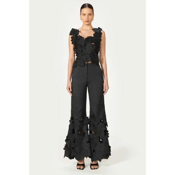 Costarellos Lidia Floral-Cut Satin Trousers in Black | Pants | Coveti