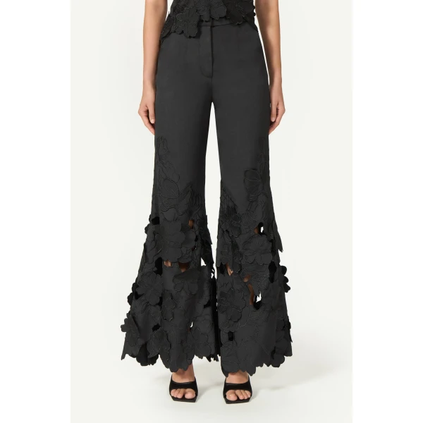 Costarellos Lidia Floral-Cut Satin Trousers in Black | Pants | Coveti