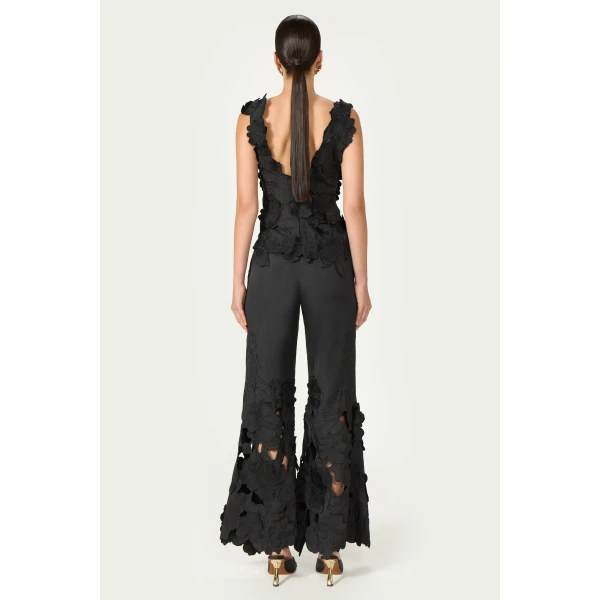 Costarellos Lidia Floral-Cut Satin Trousers in Black | Pants | Coveti