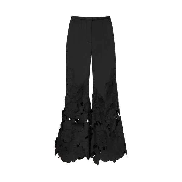 Lidia Floral-Cut Satin Trousers in Black