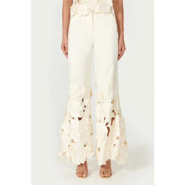 Costarellos Lidia Floral-Cut Satin Trousers in Cream | Pants | Coveti