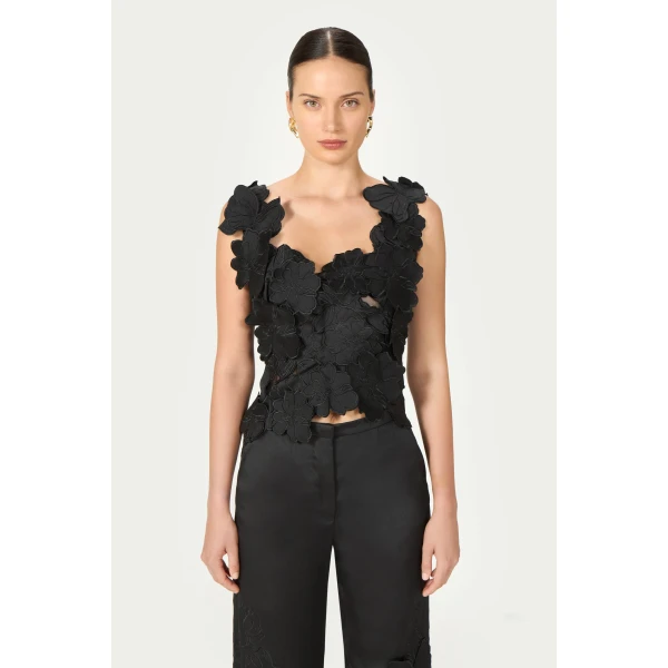 Costarellos Liess Embroidered Floral-Cut Satin Top in Black | Sleeveless | Coveti