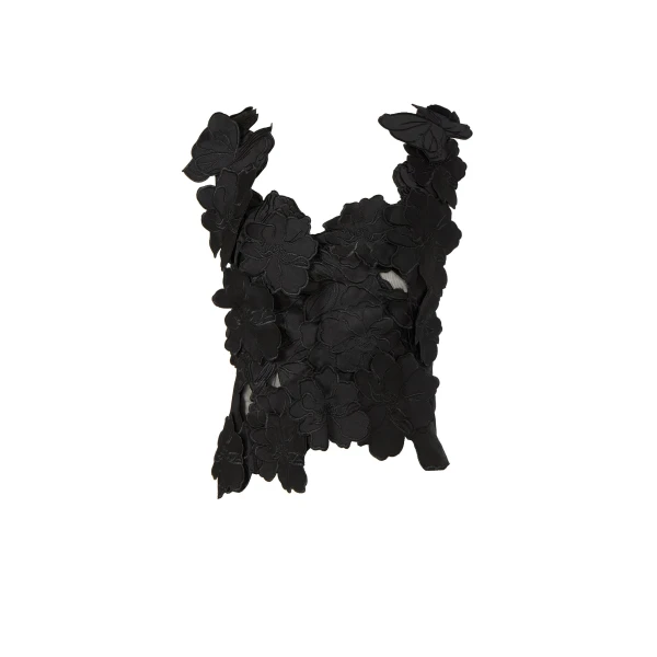 Liess Embroidered Floral-Cut Satin Top in Black