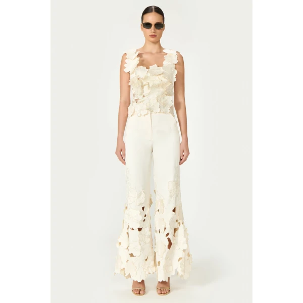 Costarellos Liess Embroidered Floral-Cut Satin Top in Cream | Sleeveless | Coveti