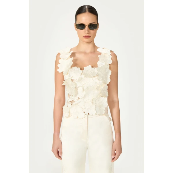 Costarellos Liess Embroidered Floral-Cut Satin Top in Cream | Sleeveless | Coveti