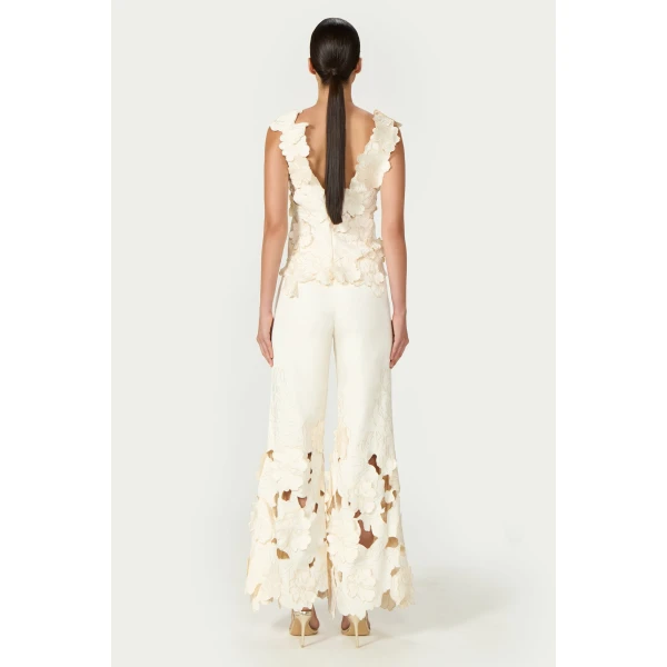 Costarellos Liess Embroidered Floral-Cut Satin Top in Cream | Sleeveless | Coveti