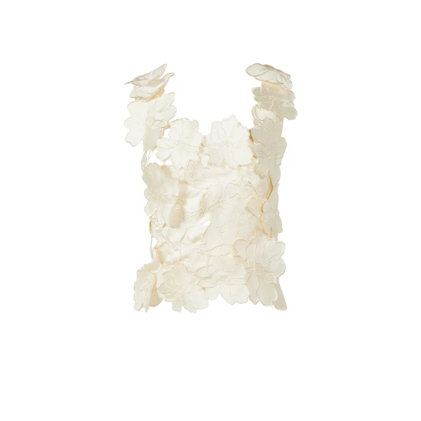 Liess Embroidered Floral-Cut Satin Top in Cream