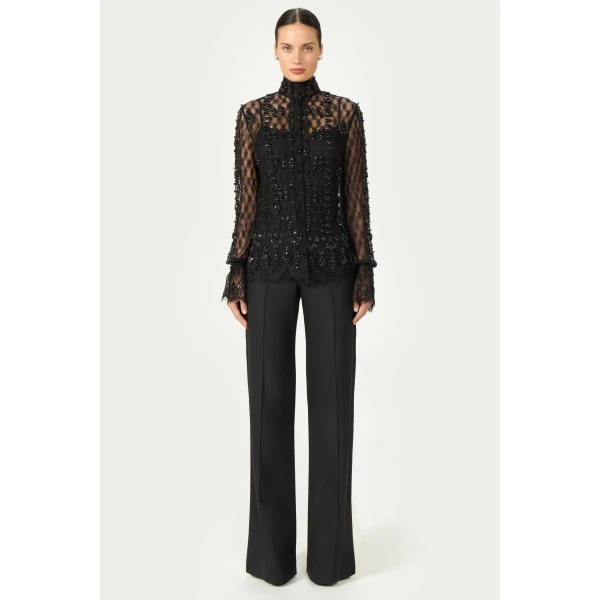 Costarellos Lilou Beaded French Lace Shirt in Black | Shirts | Coveti