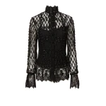 Costarellos Lilou Beaded French Lace Shirt in Black | Coveti