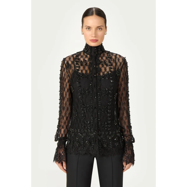 Costarellos Lilou Beaded French Lace Shirt in Black | Shirts | Coveti