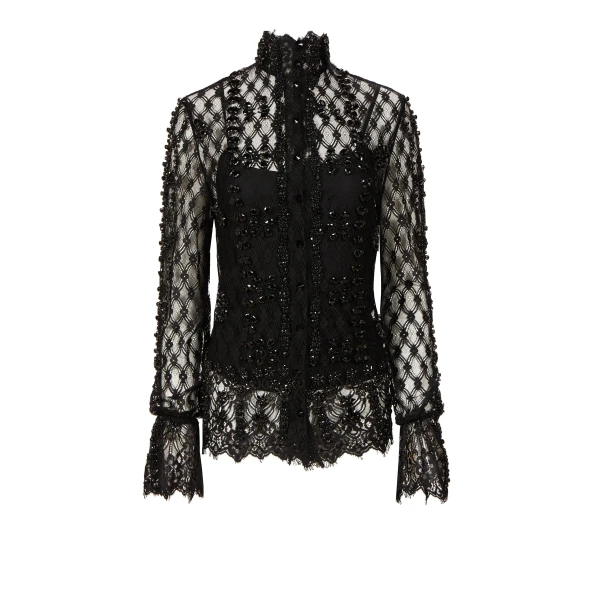 Lilou Beaded French Lace Shirt in Black