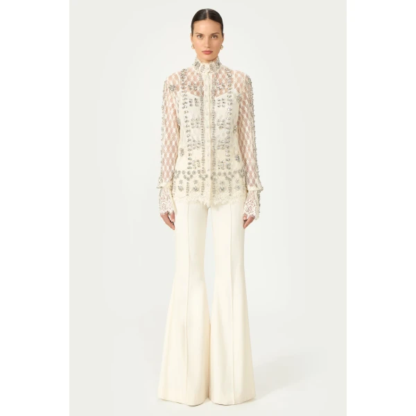 Costarellos Lilou Beaded French Lace Shirt in Off White | Shirts | Coveti