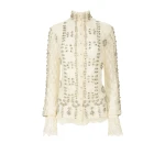Costarellos Lilou Beaded French Lace Shirt in Off White | Coveti