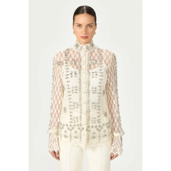 Costarellos Lilou Beaded French Lace Shirt in Off White | Shirts | Coveti