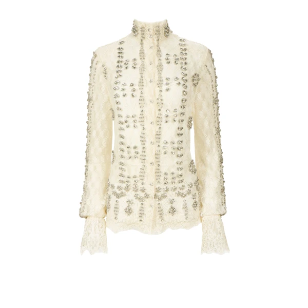 Lilou Beaded French Lace Shirt in Off White
