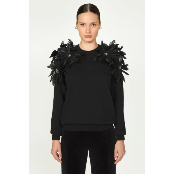 Costarellos Lissia Mohair Wool Feathers Sweater in Black | Sweaters | Coveti